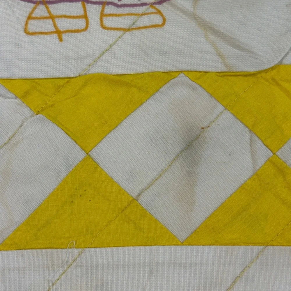 Vintage Nursery Rhyme Baby Quilt Yellow White Hand Painted Hand Made 40x51